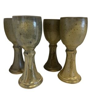 John Shedd Pottery Beige Goblet Cups Art Studio Signed Stoneware Rustic Set Of 4